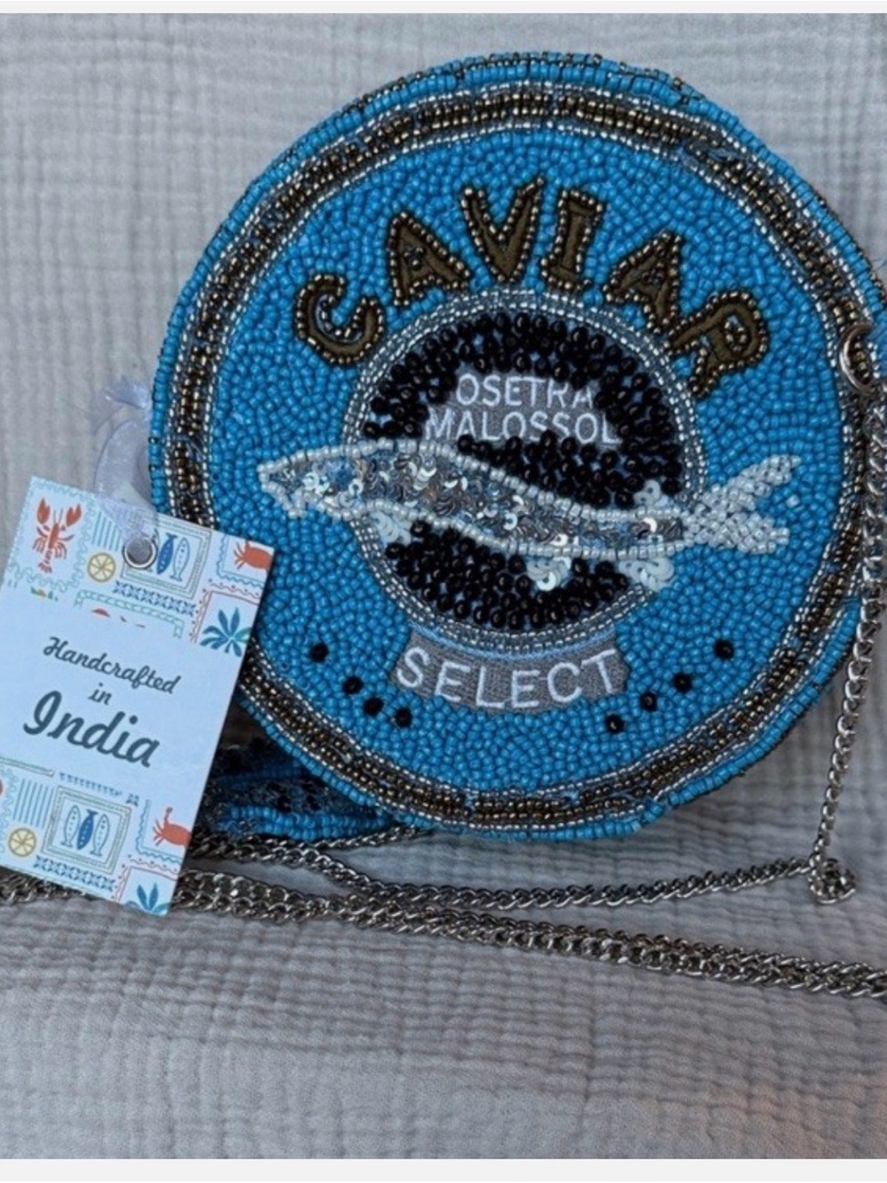 Viral Handcrafted in India Blue Select Caviar Tin Beaded Round Crossbody Bag NWT